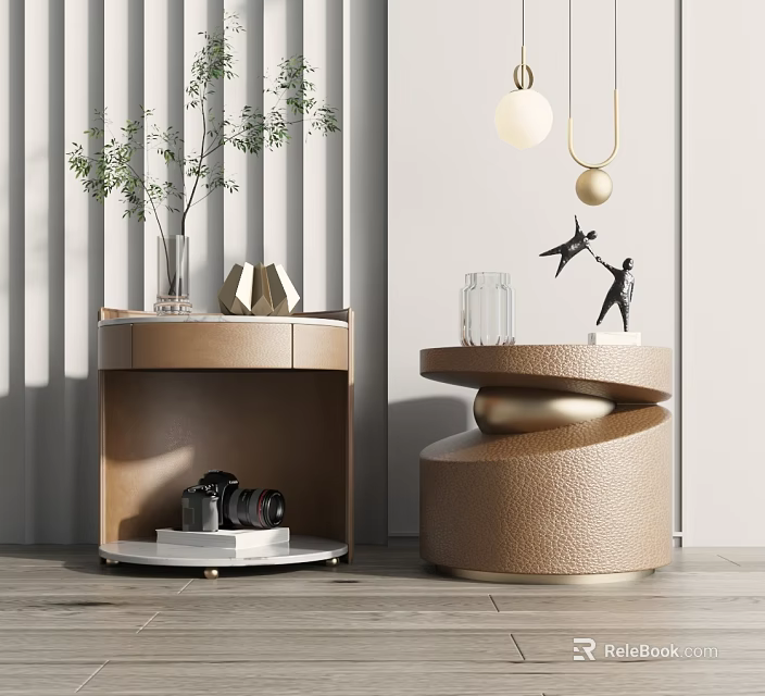 Modern Brown Leather Bedside Tables Featuring Spiral Design Vase Plants Camera Books Sculptures 3d model 