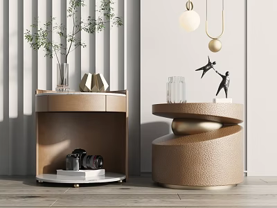 Modern Brown Leather Bedside Tables Featuring Spiral Design Vase Plants Camera Books Sculptures 3d model