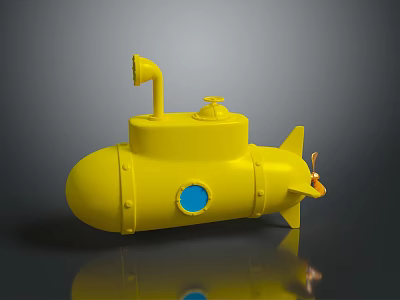 Yellow Plastic Toy Submarine With Round Blue Window Top Pipe And Tail Propeller 3d model