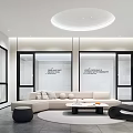 Modern Furniture Showroom Interior With Beige Sofa Black Chair Digital Screen And Glass Doors