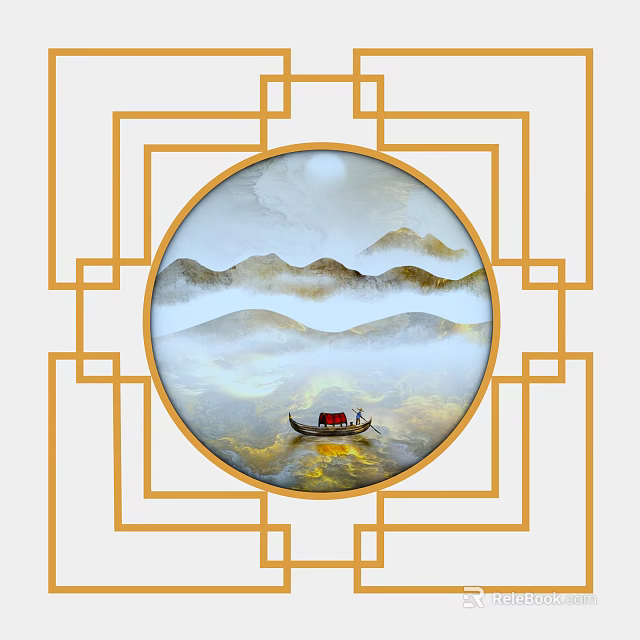 Traditional Chinese Round Framed Painting With Misty Mountain Landscape And Small Boat 3d model 