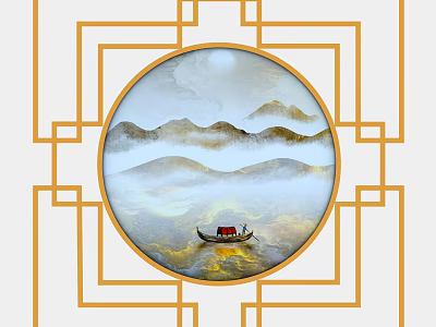 Traditional Chinese Round Framed Painting With Misty Mountain Landscape And Small Boat 3d model