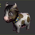 Cute Brown Spotted Cartoon Cow Game Character With Pink Nose Blue Collar And Black Mane