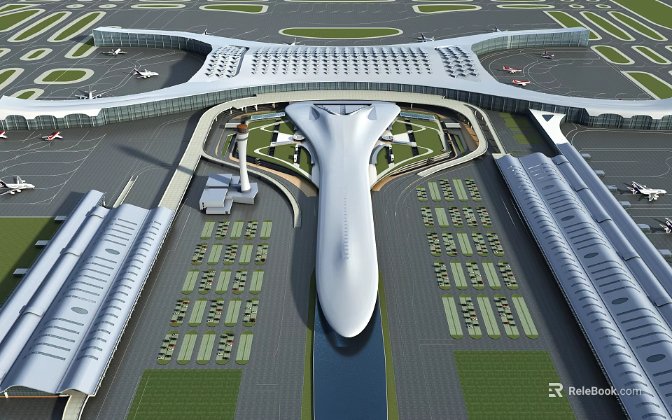 Airport Birds Eye View Planning With Modern Terminal Runways Aprons And Green Spaces 3d model 