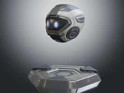 Futuristic Floating Robot Head With Glowing Eyes And Platform Base Design 3d model