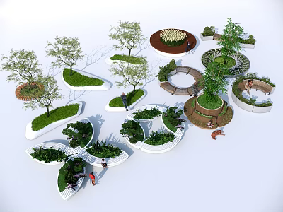 Diverse Tree Planters With Creative Shapes Lush Plants And Seating Areas 3d model
