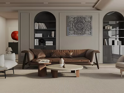 Modern Living Room Interior With Brown Leather Sofa Decorative Painting And Built In Bookshelves 3d model
