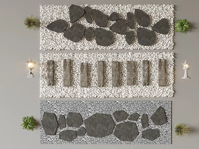Different Stepping Stones Designs With Gravel Greenery And Wall Lamps 3d model