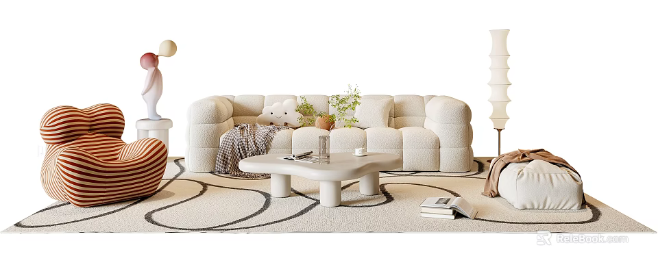 Curved White Sofa and Minimalist Coffee Table Set with Pillows Green Plants and Plush Toy on Rug 3d model 