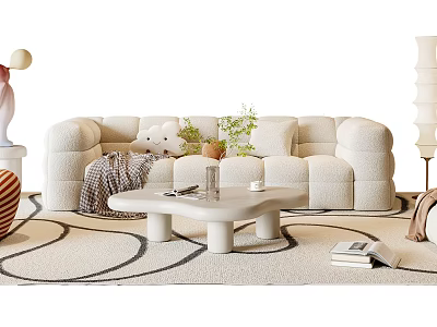 Curved White Sofa and Minimalist Coffee Table Set with Pillows Green Plants and Plush Toy on Rug 3d model