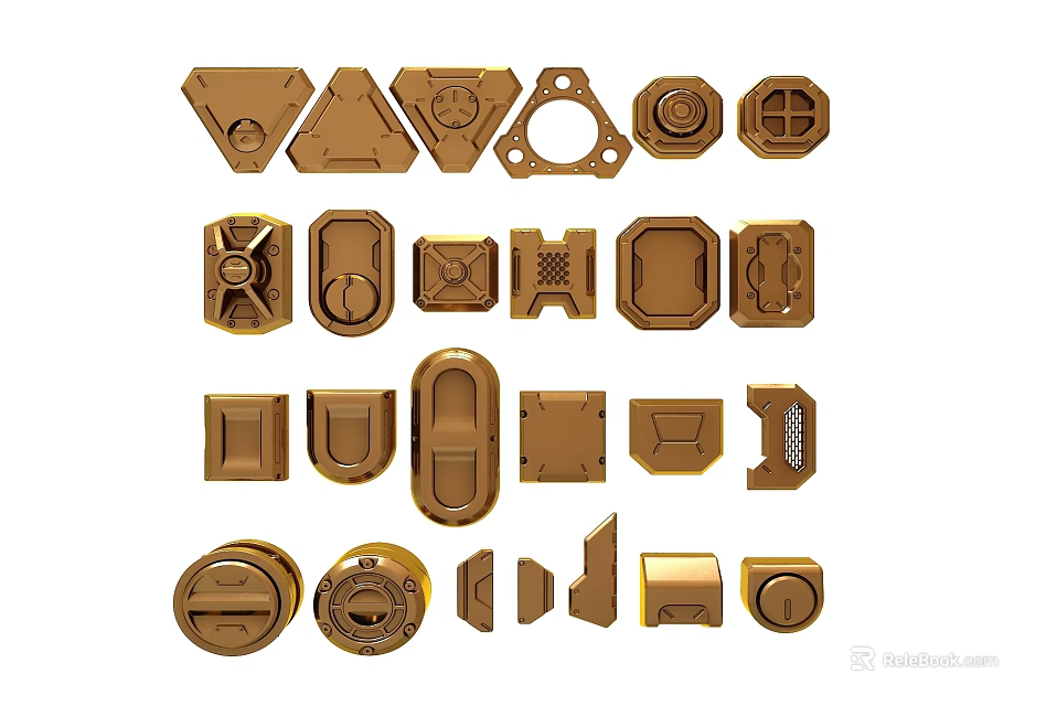 Golden Mechanical Components With Various Geometric Shapes And Industrial Design Elements 3d model