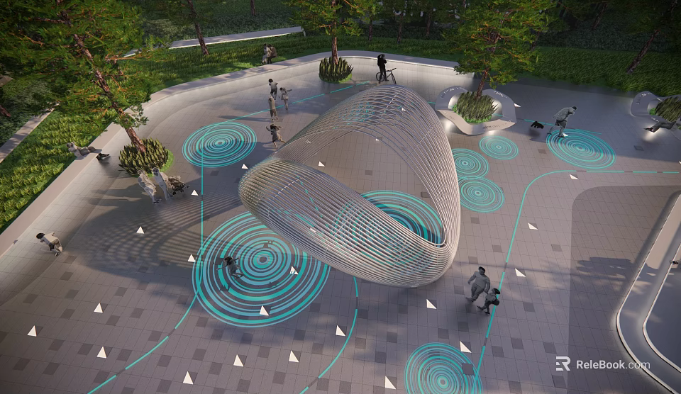 Modern Curved Outdoor Sculpture With Blue Circular Patterns Trees And Visitors Nearby 3d model 