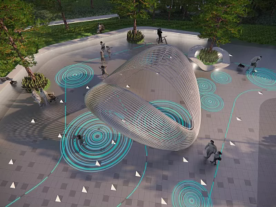 Modern Curved Outdoor Sculpture With Blue Circular Patterns Trees And Visitors Nearby 3d model