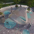 Modern Curved Outdoor Sculpture With Blue Circular Patterns Trees And Visitors Nearby