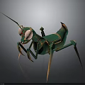 Futuristic 3D Mechanical Mantis Character With Green Body Gold Accents And Red Eyes