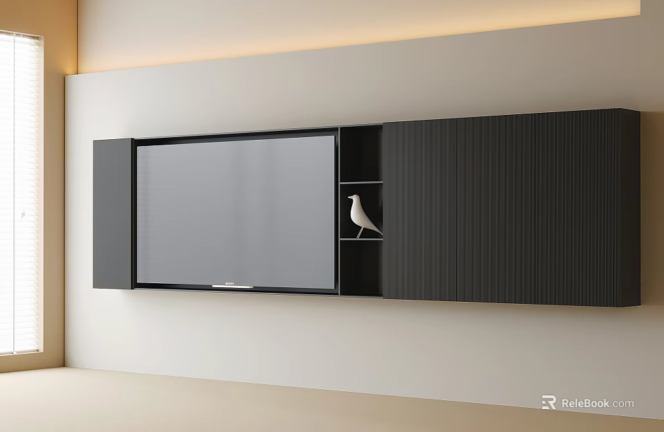Modern TV Wall Interior Design With Built in TV And Black Storage Cabinets 3d model 