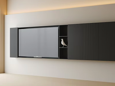 Modern TV Wall Interior Design With Built in TV And Black Storage Cabinets 3d model