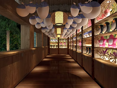 Mall Shop Corridor Featuring Wooden Shelves Decorations White and Bamboo Lanterns Warm Lighting Green Plants 3d model