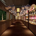 Mall Shop Corridor Featuring Wooden Shelves Decorations White and Bamboo Lanterns Warm Lighting Green Plants
