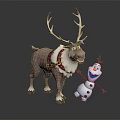 Cheerful Reindeer With Harness Standing Next To Playful Snowman Animated Movie Characters