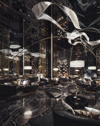 Luxury Modern Sales Office Interior With Artistic Chandeliers And Comfortable Sofas 3d model