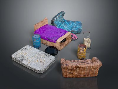 Various Home Decor Items Including Wooden Bed Woven Sofa And Metal Lantern 3d model