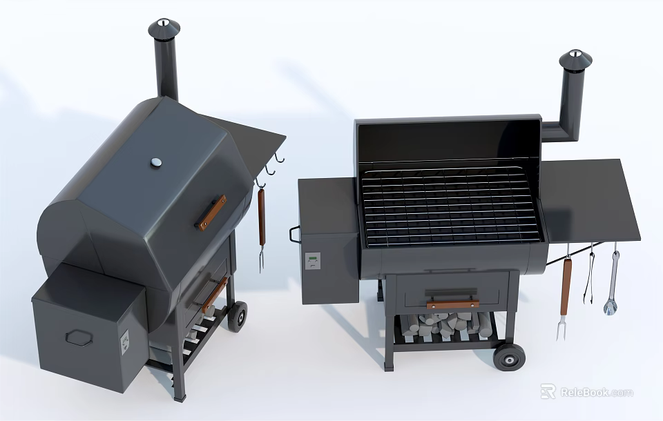 Black Outdoor Barbecue Grills With Grill Grates Rolling Wheels And Hanging Tools 3d model 