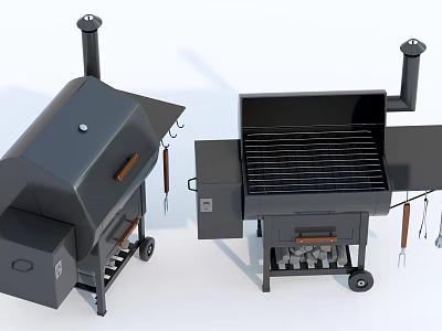 Black Outdoor Barbecue Grills With Grill Grates Rolling Wheels And Hanging Tools 3d model