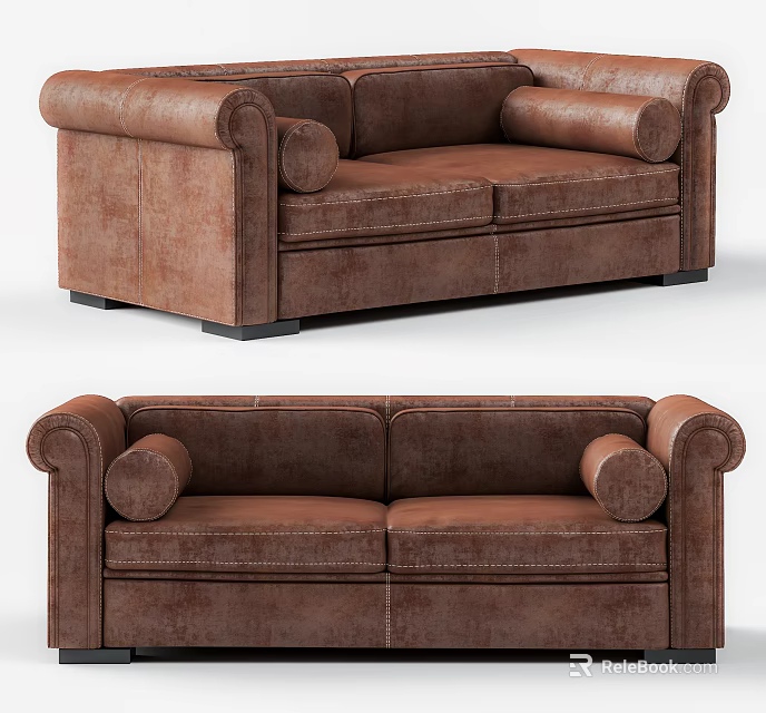 Brown Leather Two Seater Sofa With Roll Arm Classic Design For Living Room 3d model 