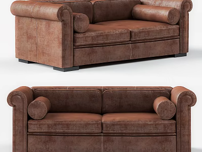 Brown Leather Two Seater Sofa With Roll Arm Classic Design For Living Room 3d model