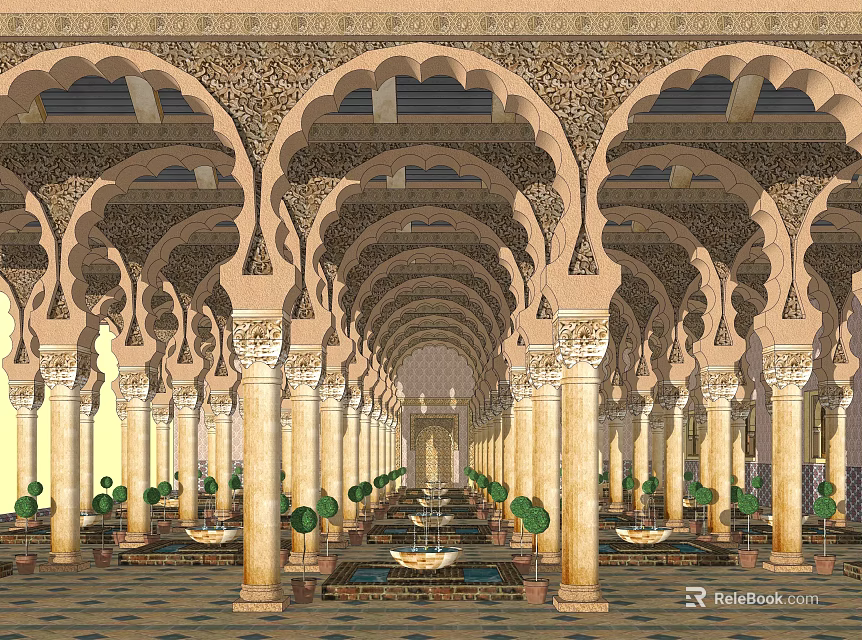 Ornate Pergola with Arched Ceiling Decorative Columns Intricate Carvings and Potted Plants 3d model 
