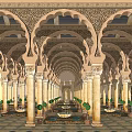 Ornate Pergola with Arched Ceiling Decorative Columns Intricate Carvings and Potted Plants