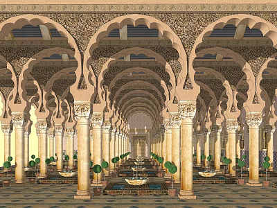 Ornate Pergola with Arched Ceiling Decorative Columns Intricate Carvings and Potted Plants 3d model