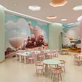 Kids Friendly Restaurant Interior With Cartoon Mural Light Blue White Decor Round Tables And Blue Chairs
