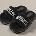 Beige Fluffy Home Slippers With Black Letter Straps And Logo Design