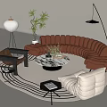 Modern Curved Brown Leather Sofa with Round Marble Coffee Table Set and Decorative Plants 3d model