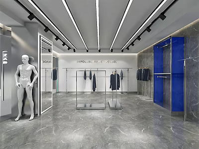 Modern Clothing Store Interior with Mannequins Hanging Clothes Display Racks Blue Accents and Marble Flooring 3d model