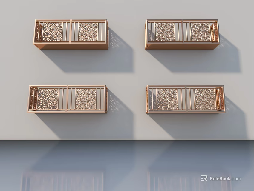 Modern Brass Swing Doors With Intricate Carved Patterns And Railing Design 3d model