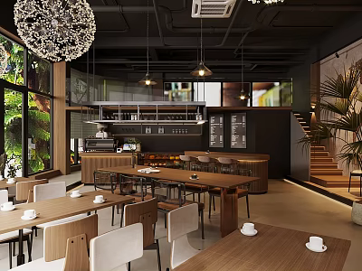 Modern Cafe Interior Design With Wooden Tables Chairs Chandelier Lighting Bar Counter And Large Windows 3d model