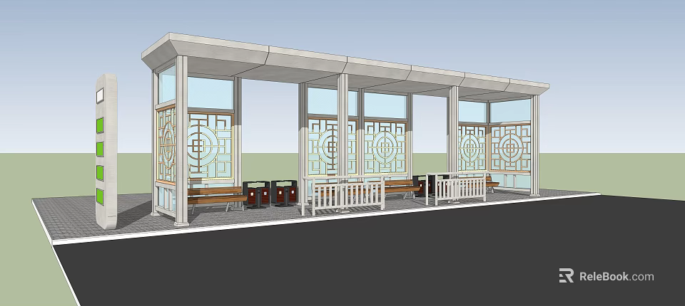 Traditional Pattern Glass Window Bus Stop With Roofed Structure Benches And Trash Bins 3d model 