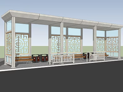 Traditional Pattern Glass Window Bus Stop With Roofed Structure Benches And Trash Bins 3d model