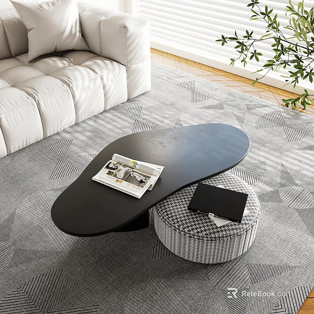 Black Irregular Shaped Coffee Table With Magazine On Top And Plaid Ottoman Beside 3d model 