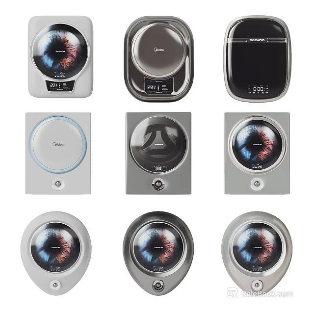 Modern Washing Machines With Various Digital Control Panel Designs And Different Styles 3d model