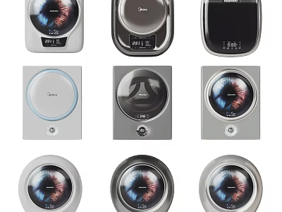 Modern Washing Machines With Various Digital Control Panel Designs And Different Styles 3d model