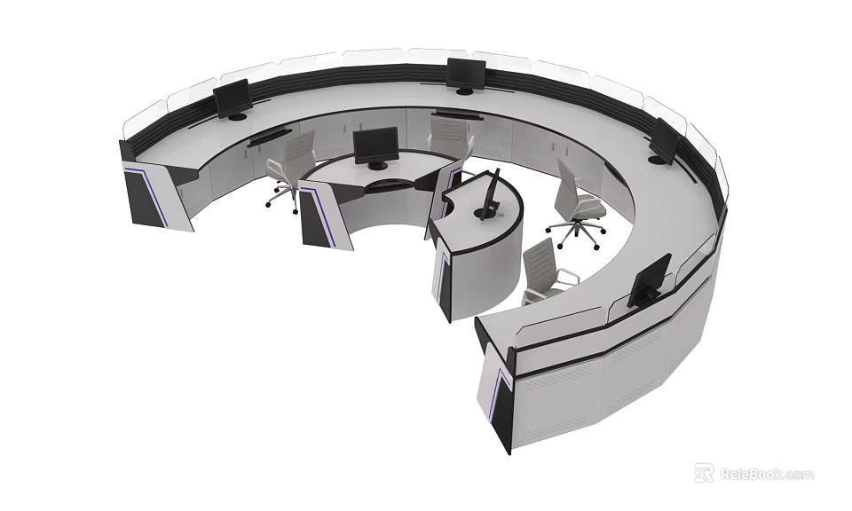 Modern Circular Office Desk Workstation With Multiple Monitors And Ergonomic Chairs 3d model 