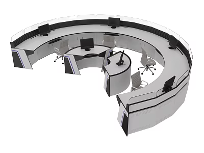 Modern Circular Office Desk Workstation With Multiple Monitors And Ergonomic Chairs 3d model