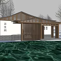 Modern Restroom Building With Wooden Structure White Walls And Water Reflection