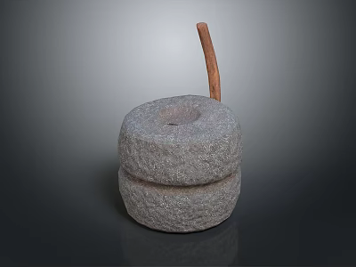 Traditional Rustic Stone Mill With Two Layered Structure And Wooden Handle 3d model