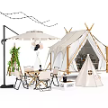 Large Camping Tent With Small Tent Umbrella Table Chairs Balloons And String Lights