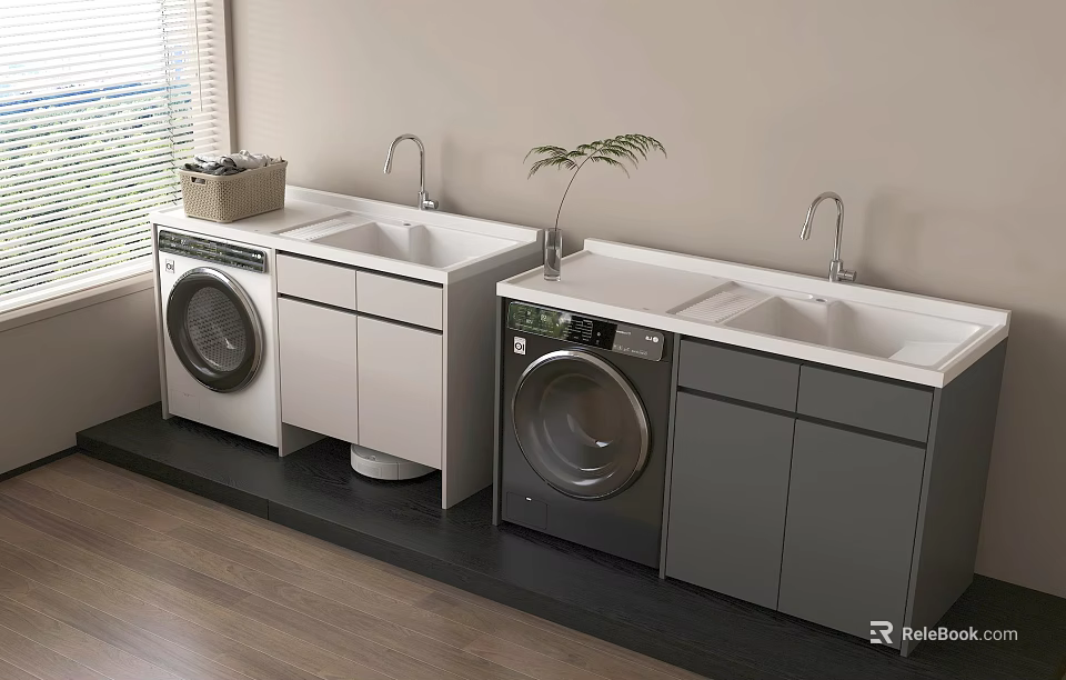 Modern Bathroom Vanity Cabinet With Washing Machines Sinks Countertops And Plant 3d model 